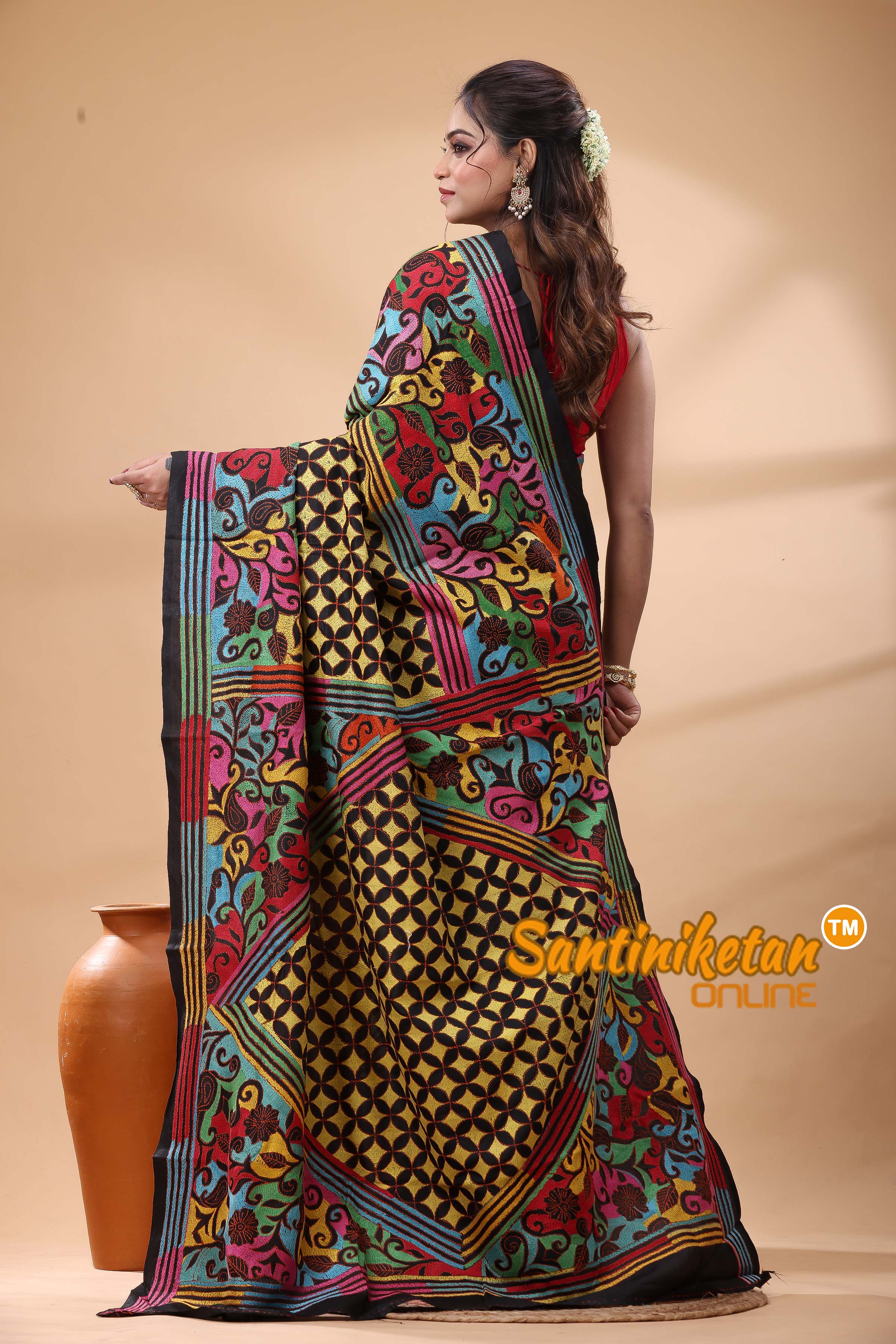 Pure Bangalore Silk Kantha Stitch Saree