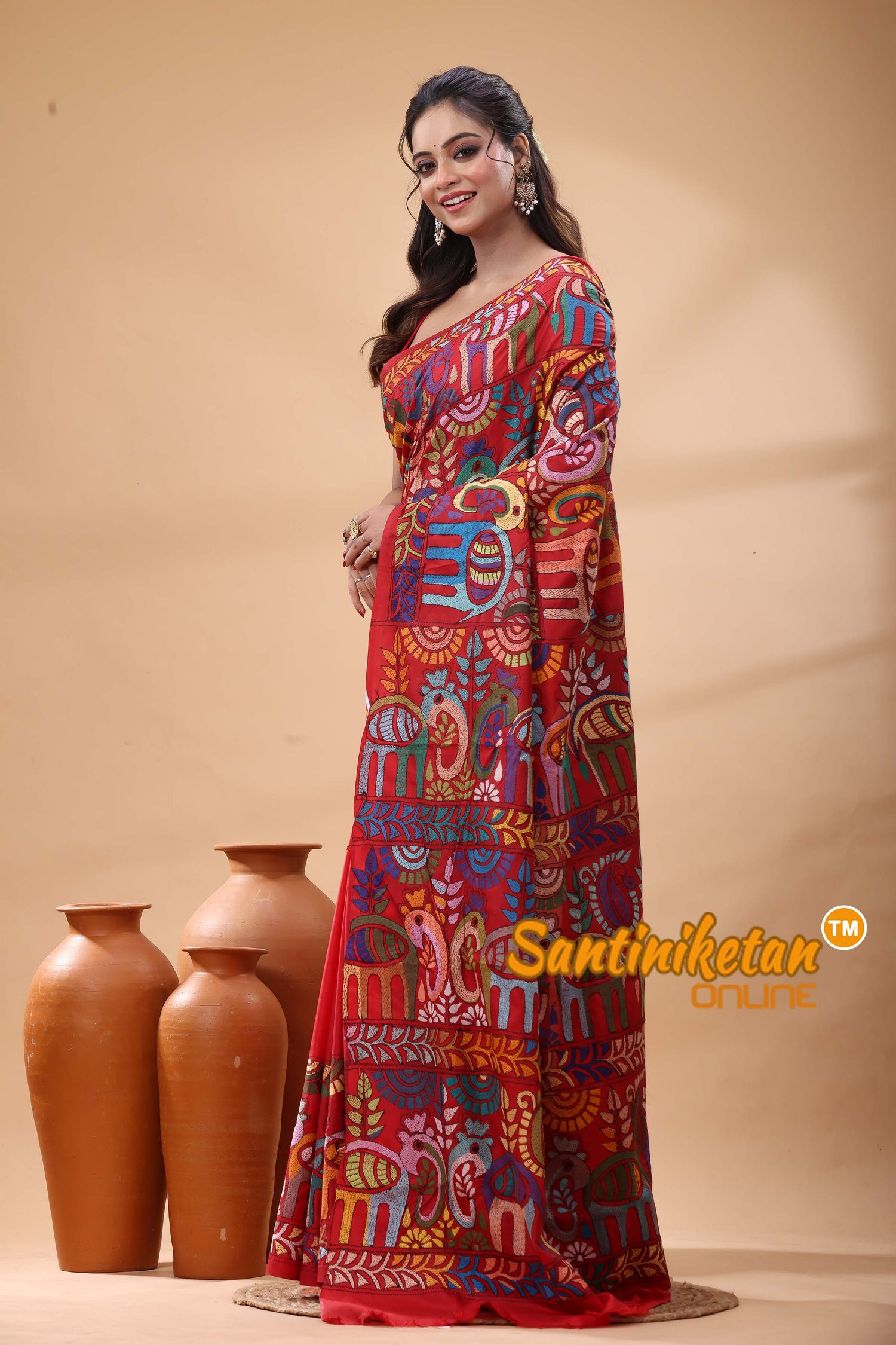 Pure Bangalore Silk Kantha Stitch Saree