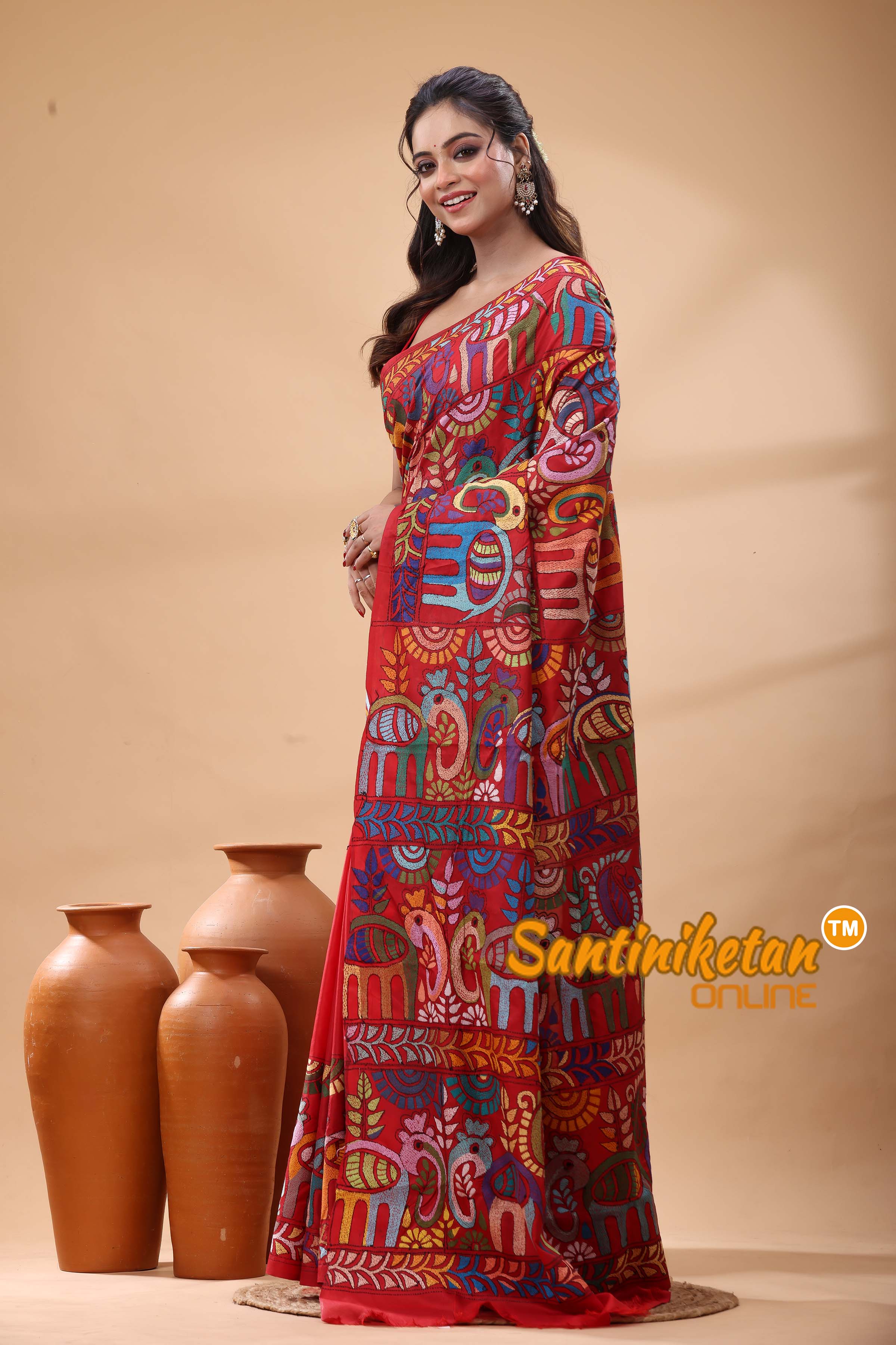 Pure Bangalore Silk Kantha Stitch Saree