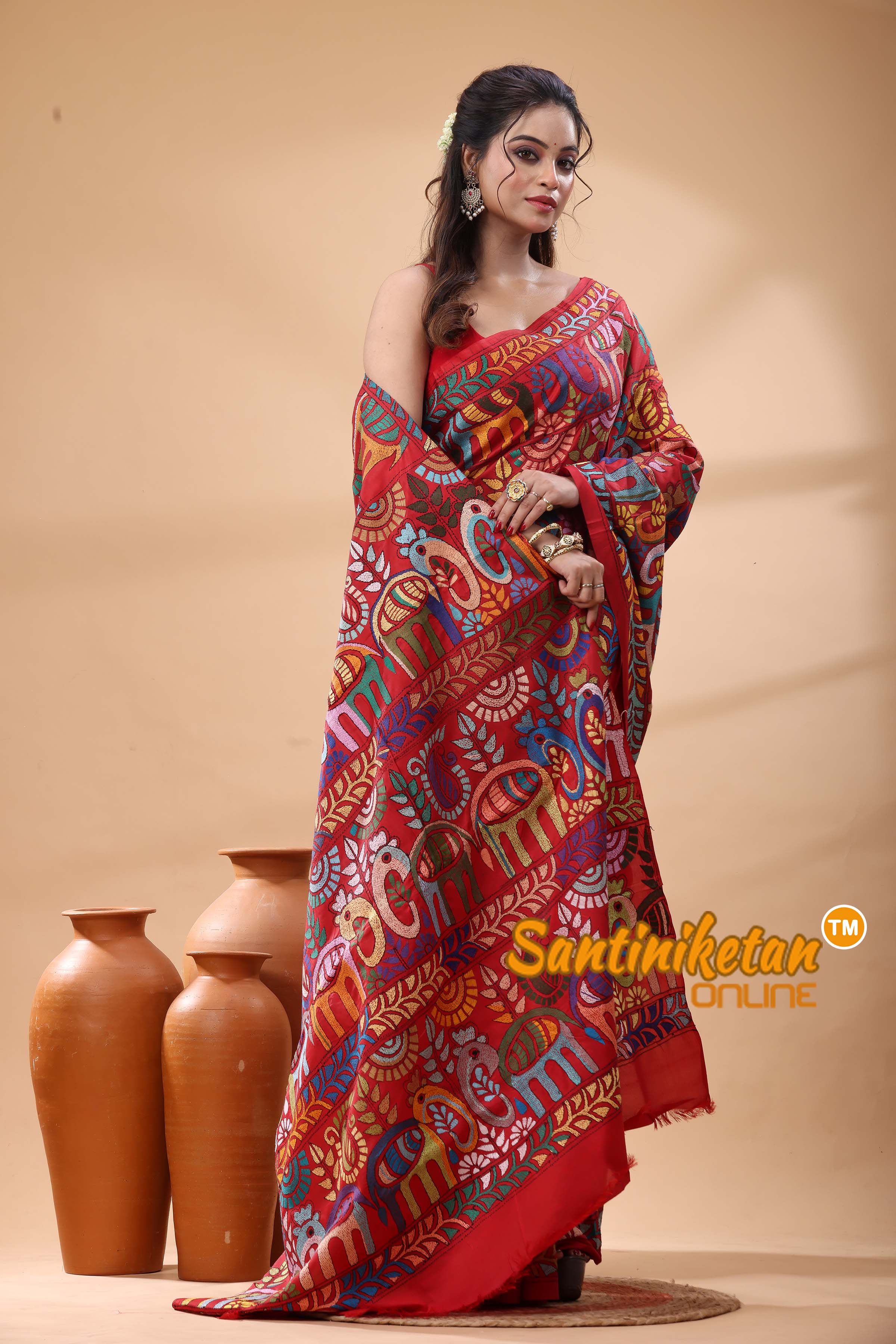 Pure Bangalore Silk Kantha Stitch Saree