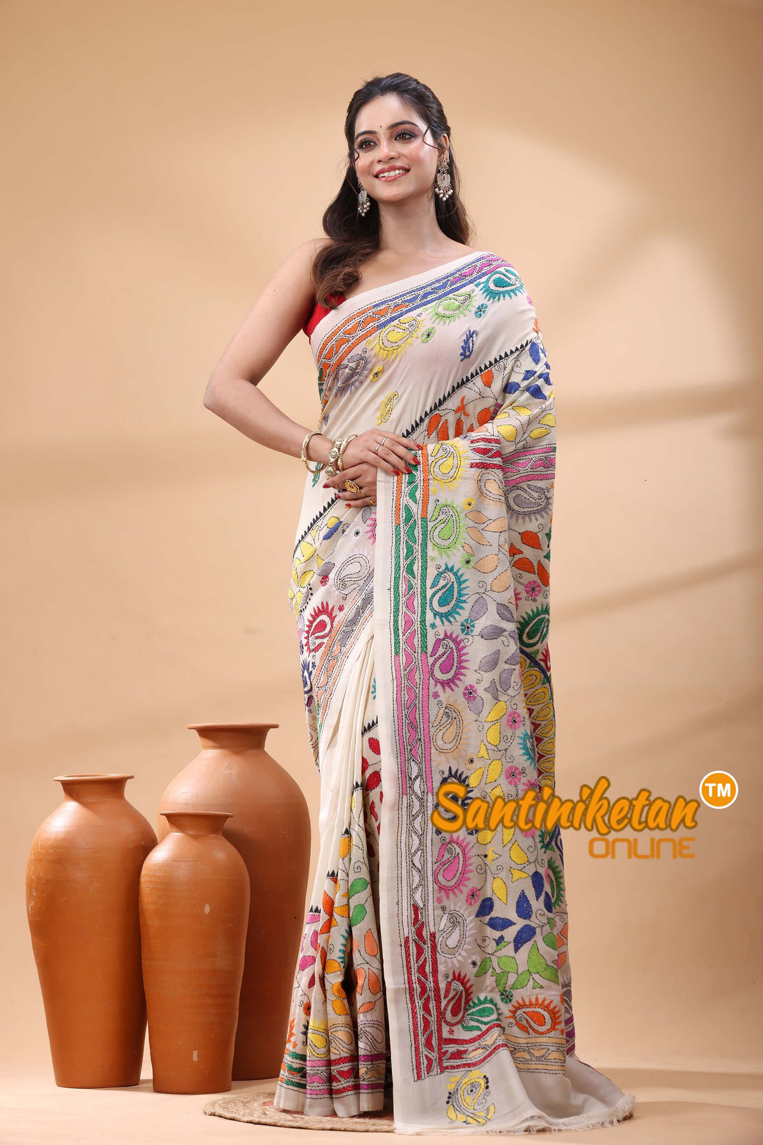 Tussar Silk Kantha Stitch Saree