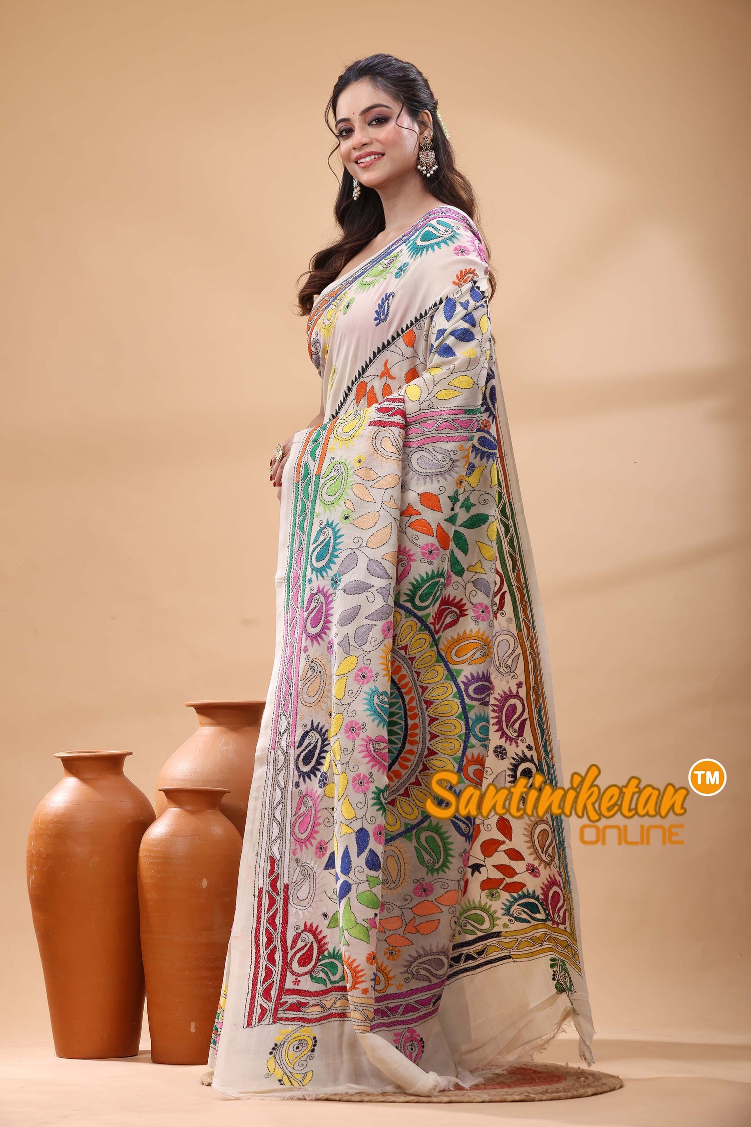 Tussar Silk Kantha Stitch Saree