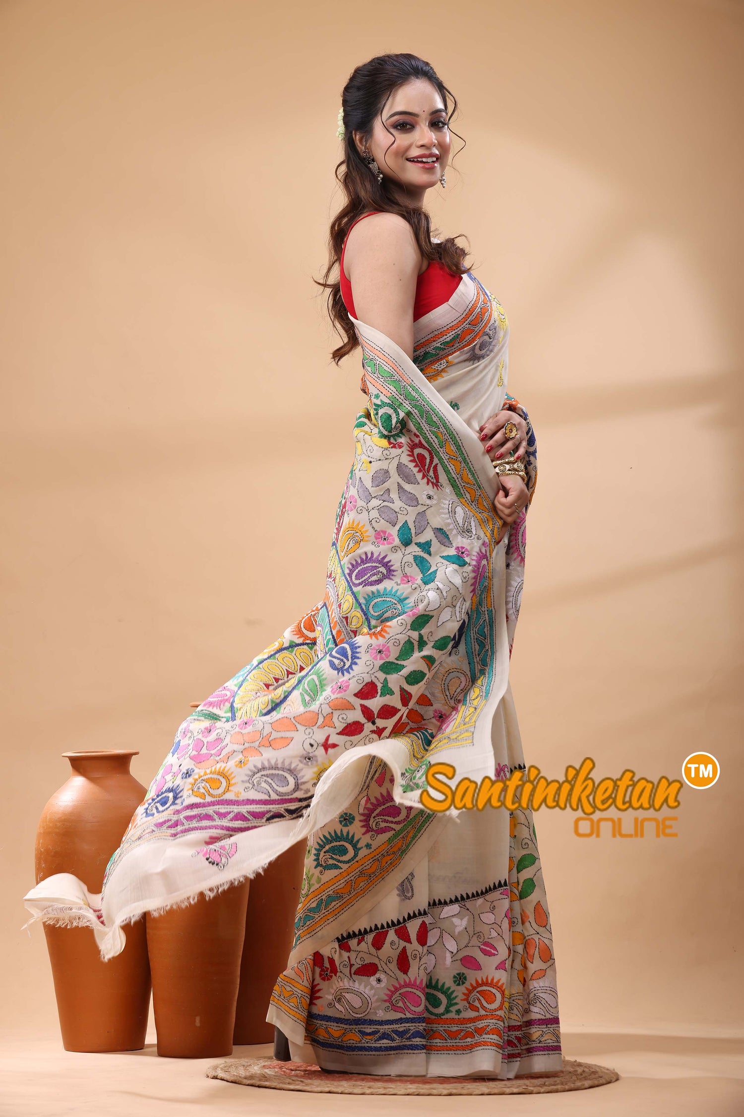 Tussar Silk Kantha Stitch Saree