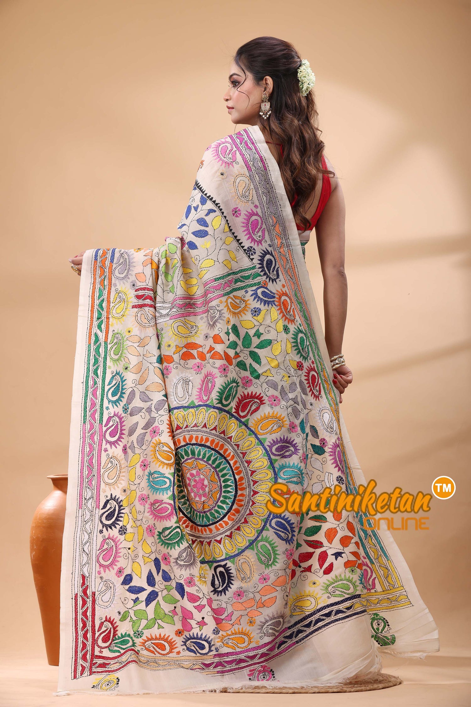 Tussar Silk Kantha Stitch Saree