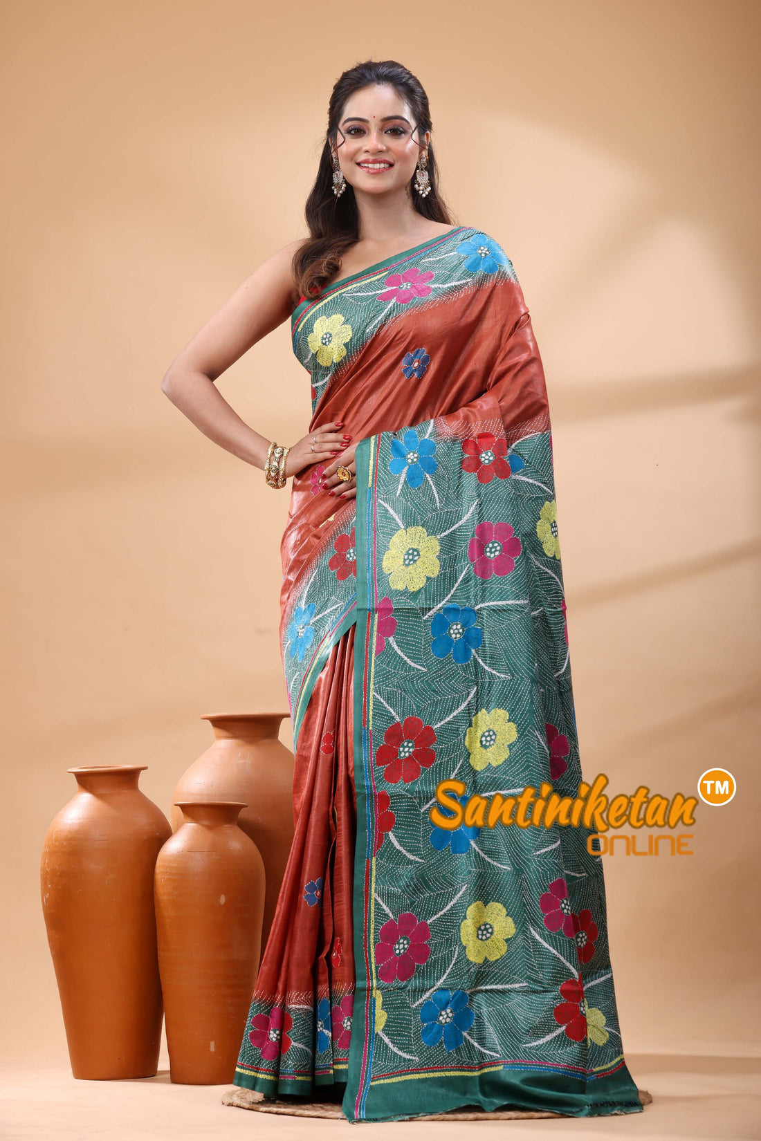 Pure Gachi Dye Tussar Silk Kantha Stitch Saree