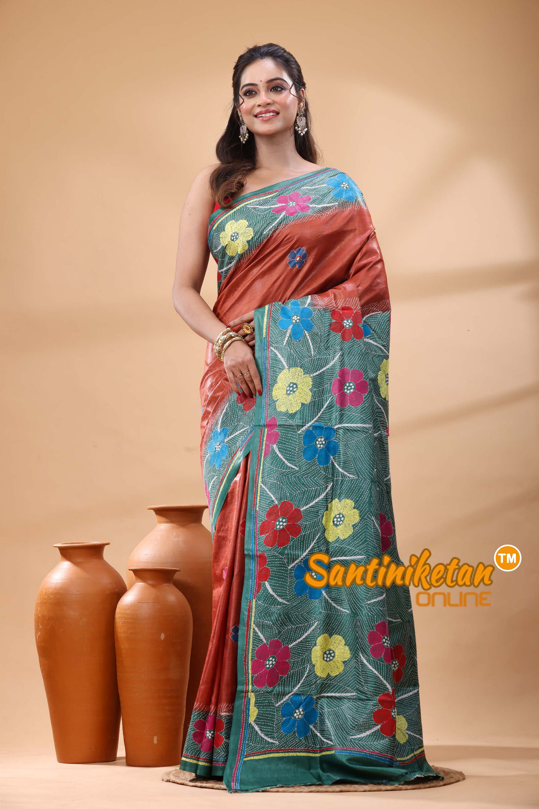 Pure Gachi Dye Tussar Silk Kantha Stitch Saree