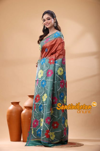 Pure Gachi Dye Tussar Silk Kantha Stitch Saree
