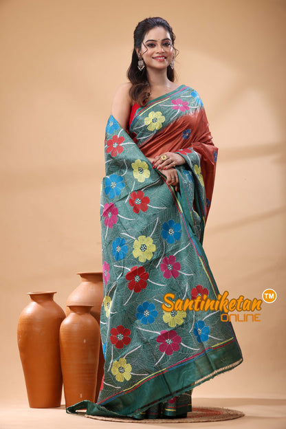 Pure Gachi Dye Tussar Silk Kantha Stitch Saree
