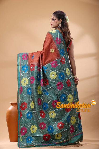 Pure Gachi Dye Tussar Silk Kantha Stitch Saree