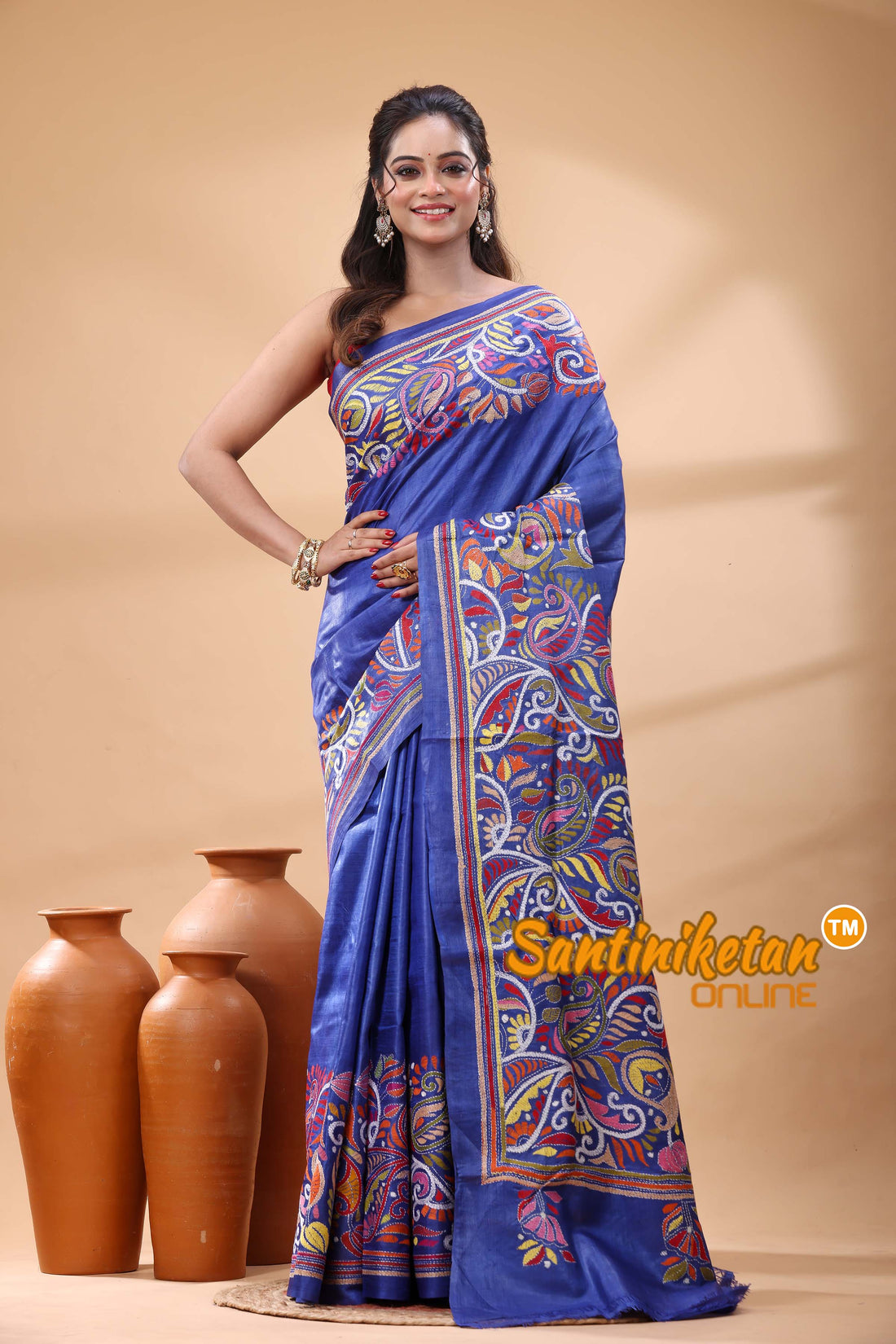 Pure Gachi Dye Tussar Silk Kantha Stitch Saree