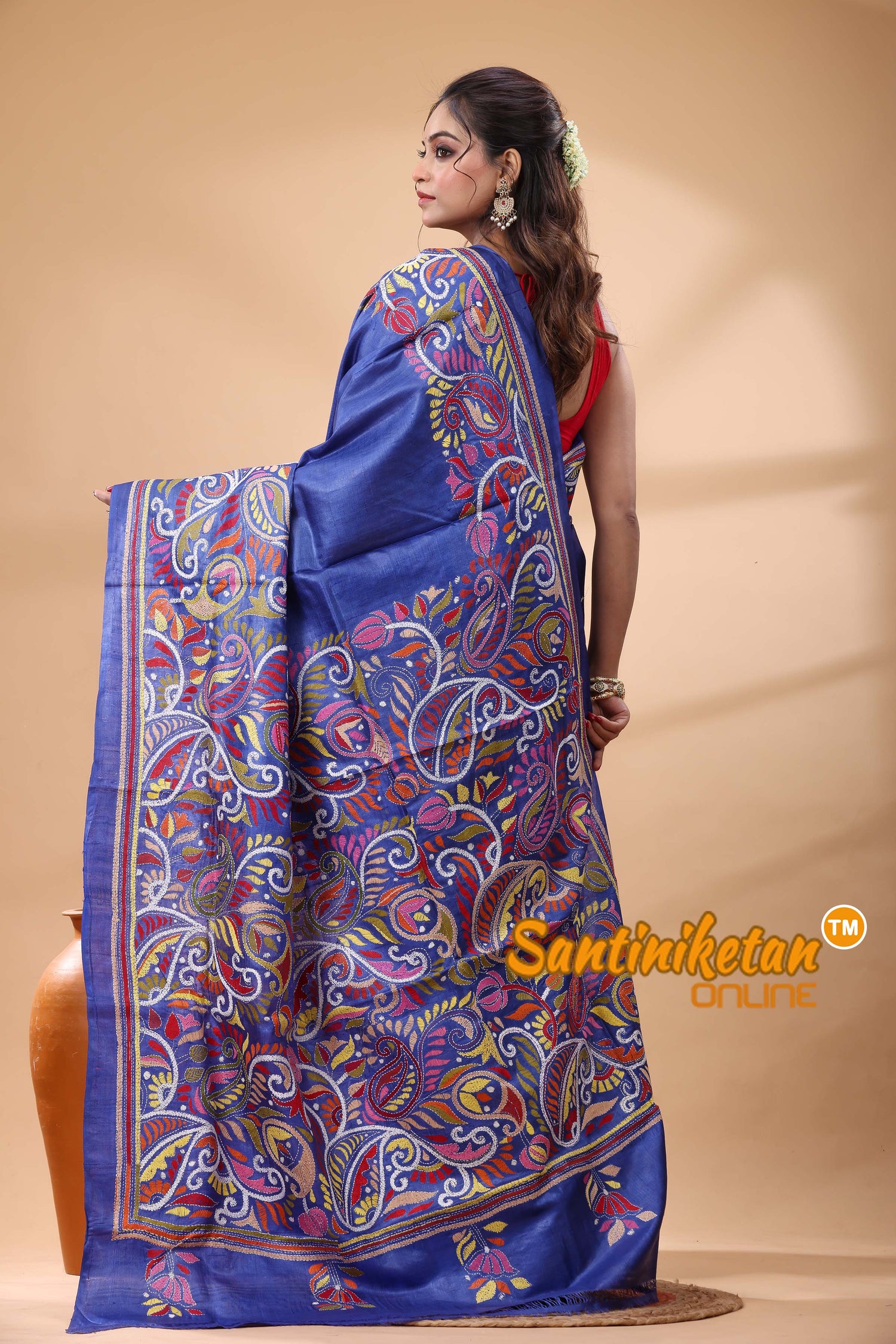 Pure Gachi Dye Tussar Silk Kantha Stitch Saree