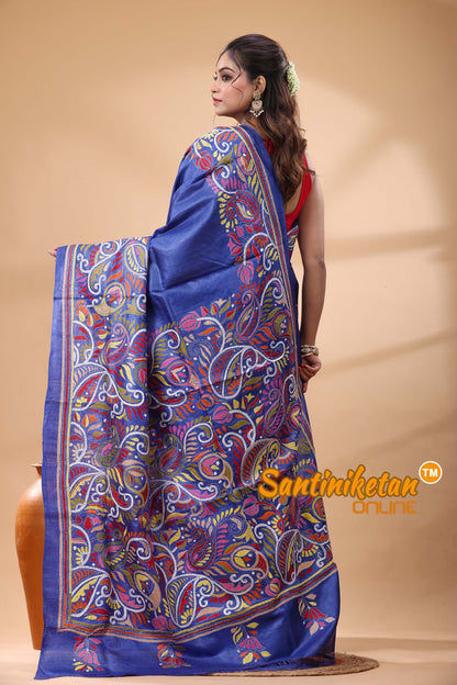 Pure Gachi Dye Tussar Silk Kantha Stitch Saree