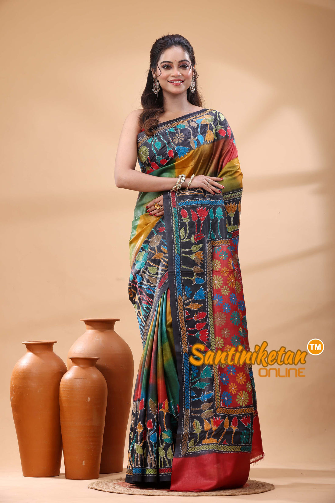 Pure Gachi Dye Tussar Silk Kantha Stitch Saree