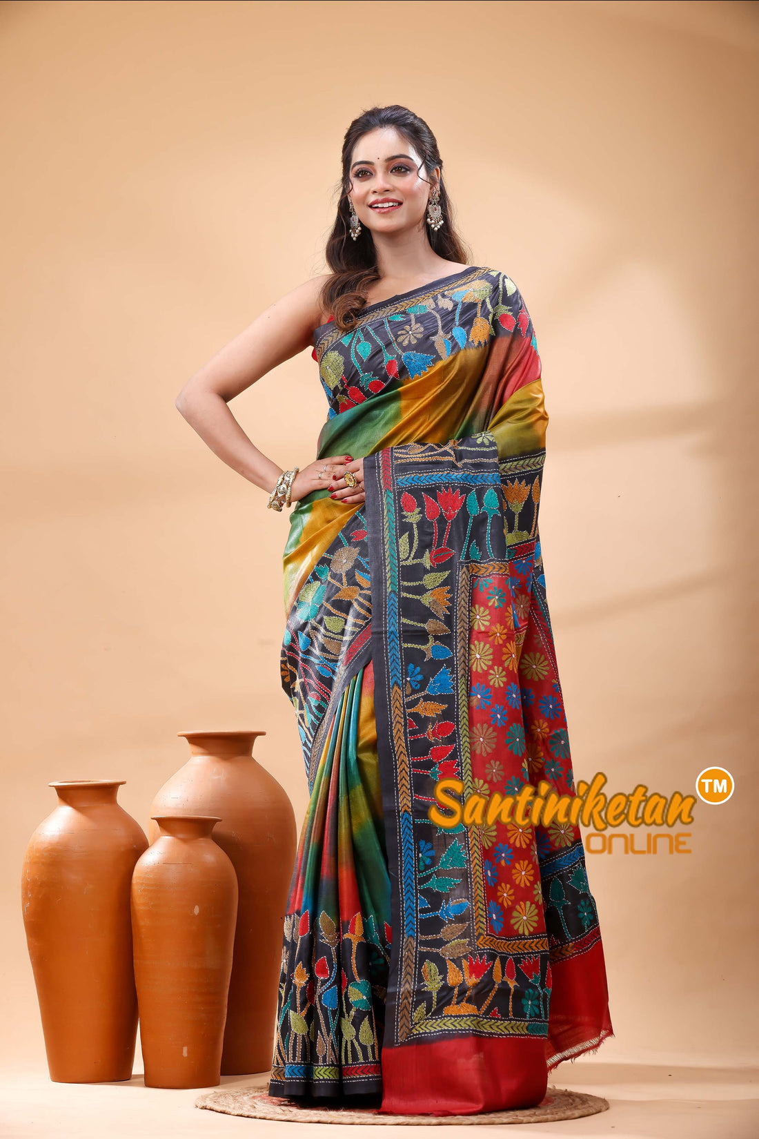 Pure Gachi Dye Tussar Silk Kantha Stitch Saree
