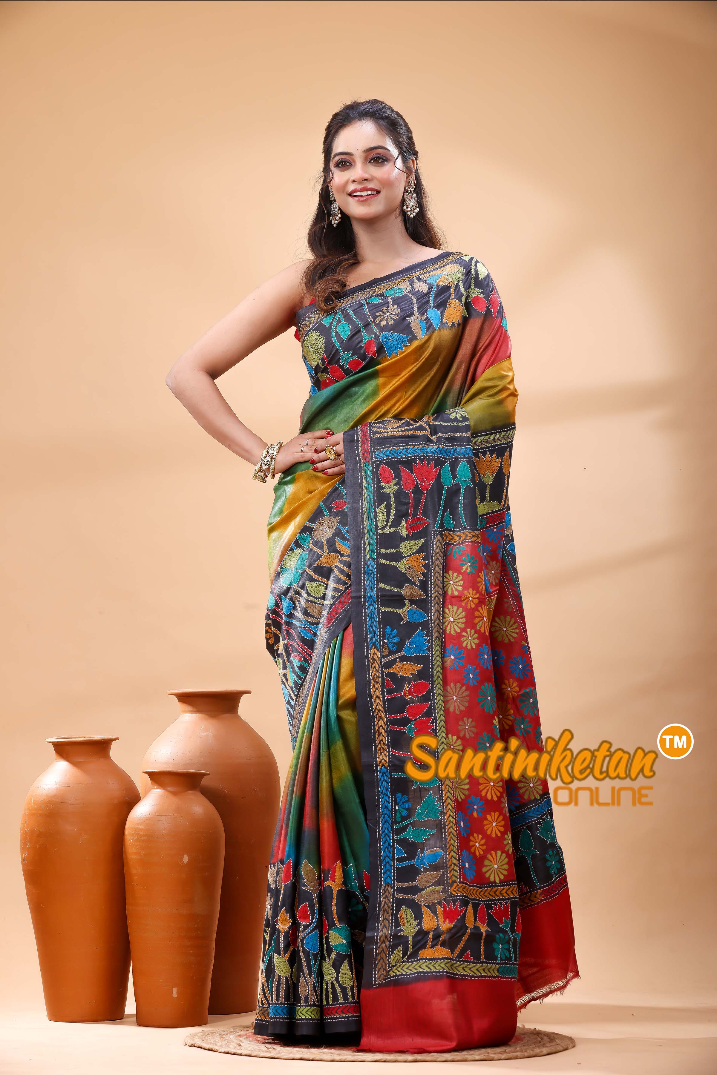 Pure Gachi Dye Tussar Silk Kantha Stitch Saree