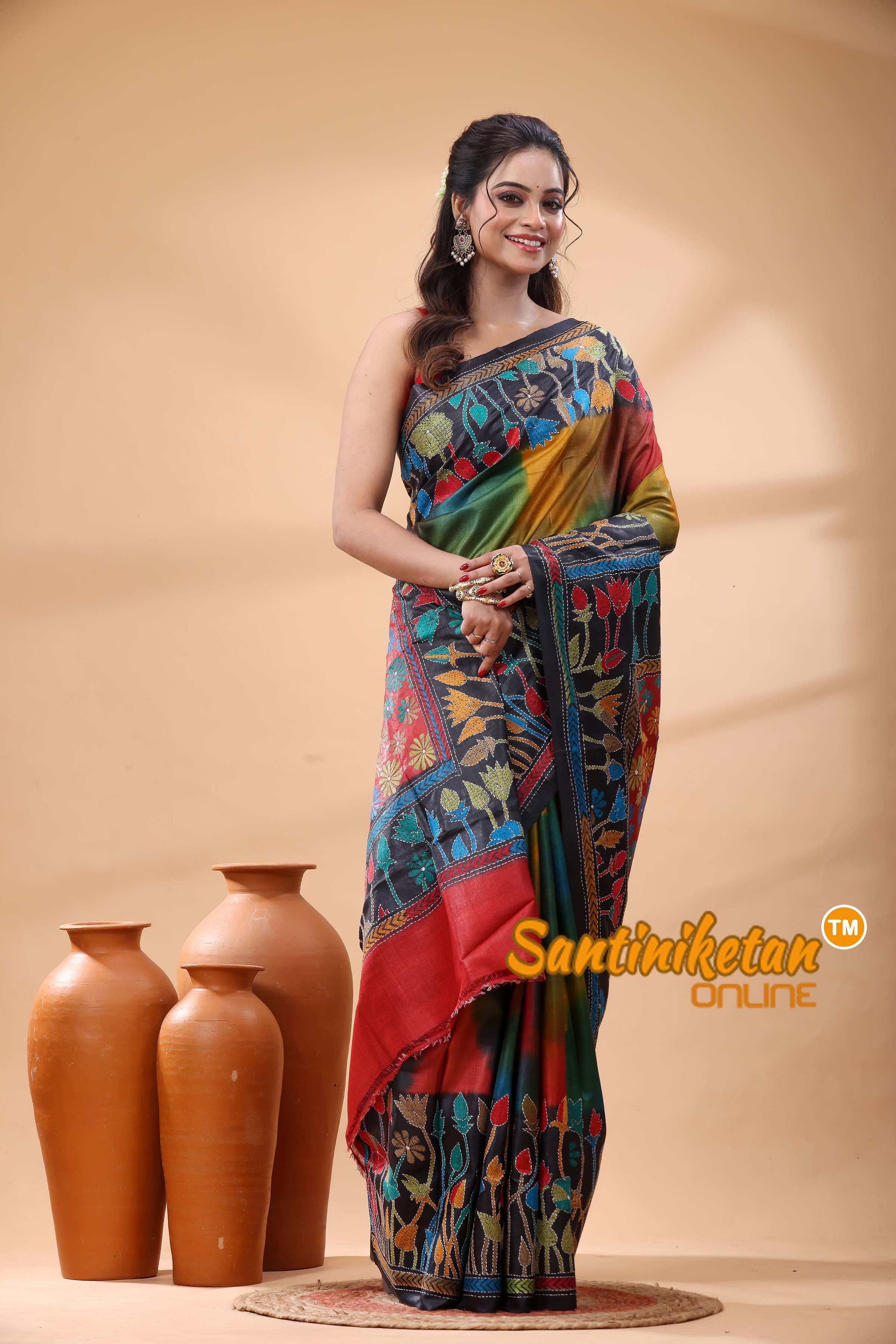 Pure Gachi Dye Tussar Silk Kantha Stitch Saree