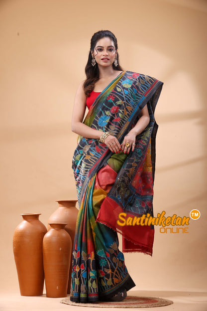 Pure Gachi Dye Tussar Silk Kantha Stitch Saree