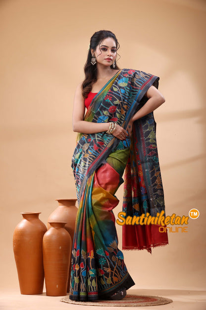 Pure Gachi Dye Tussar Silk Kantha Stitch Saree