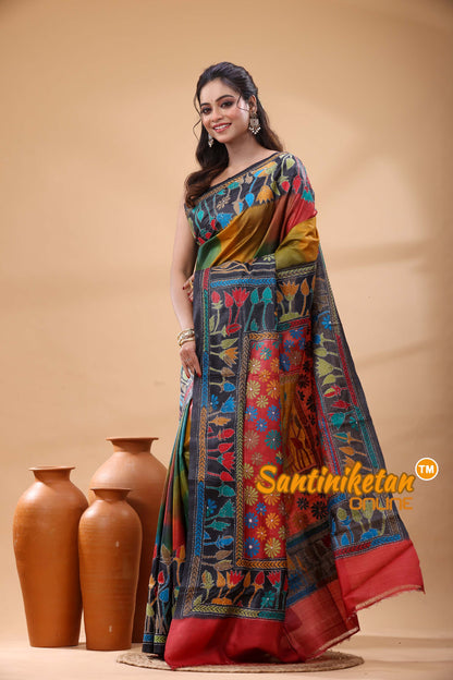 Pure Gachi Dye Tussar Silk Kantha Stitch Saree