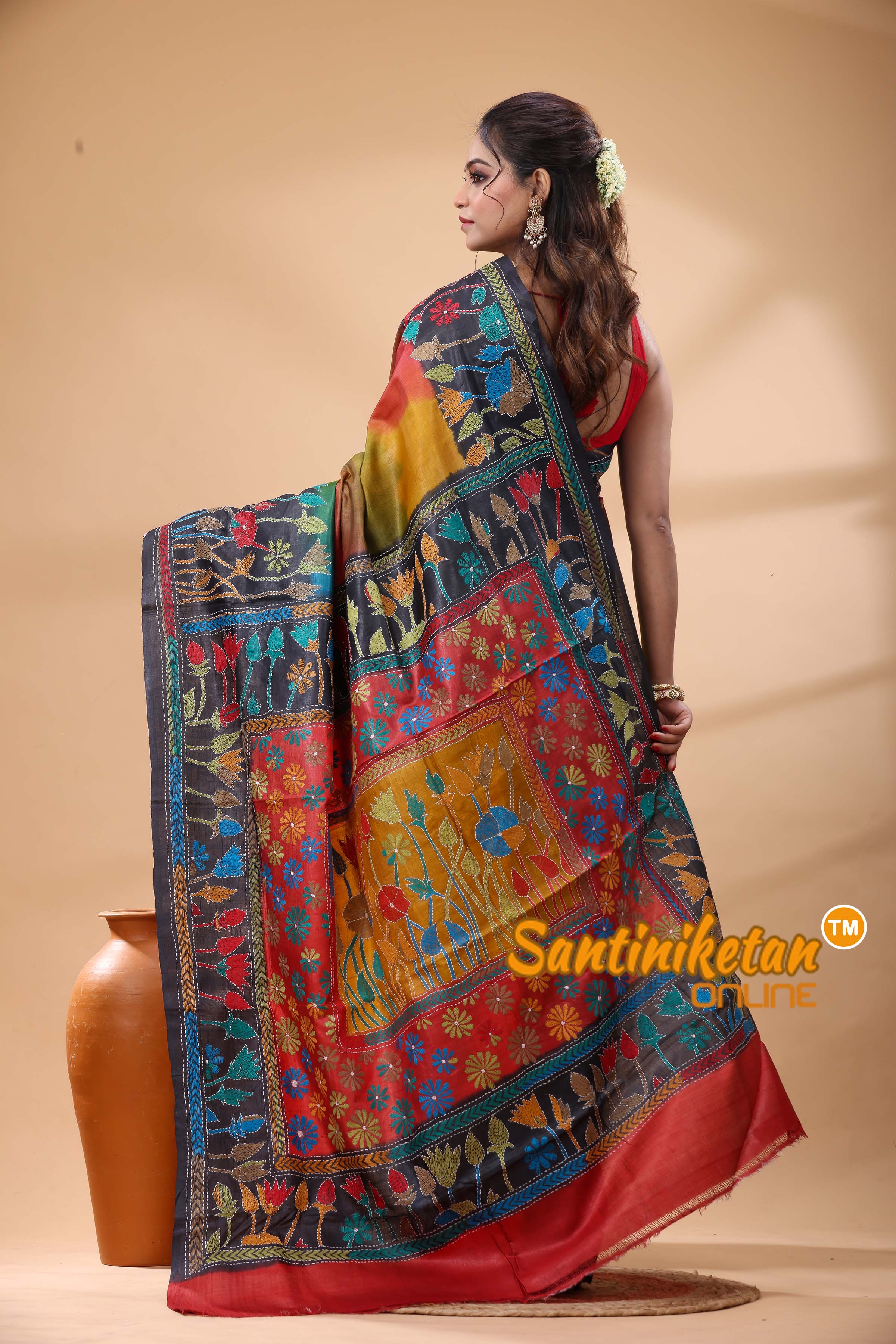 Pure Gachi Dye Tussar Silk Kantha Stitch Saree