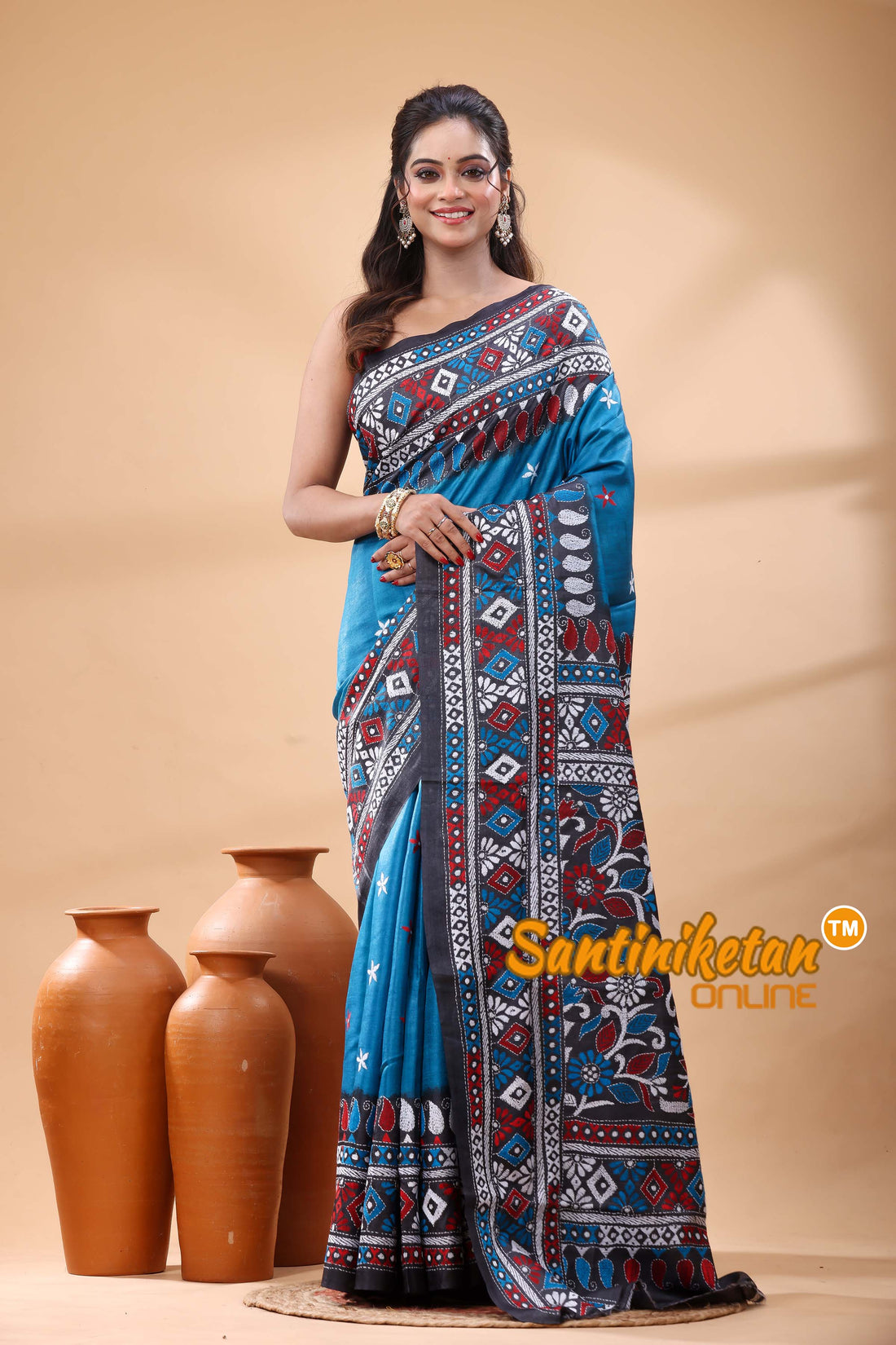 Pure Gachi Dye Tussar Silk Kantha Stitch Saree