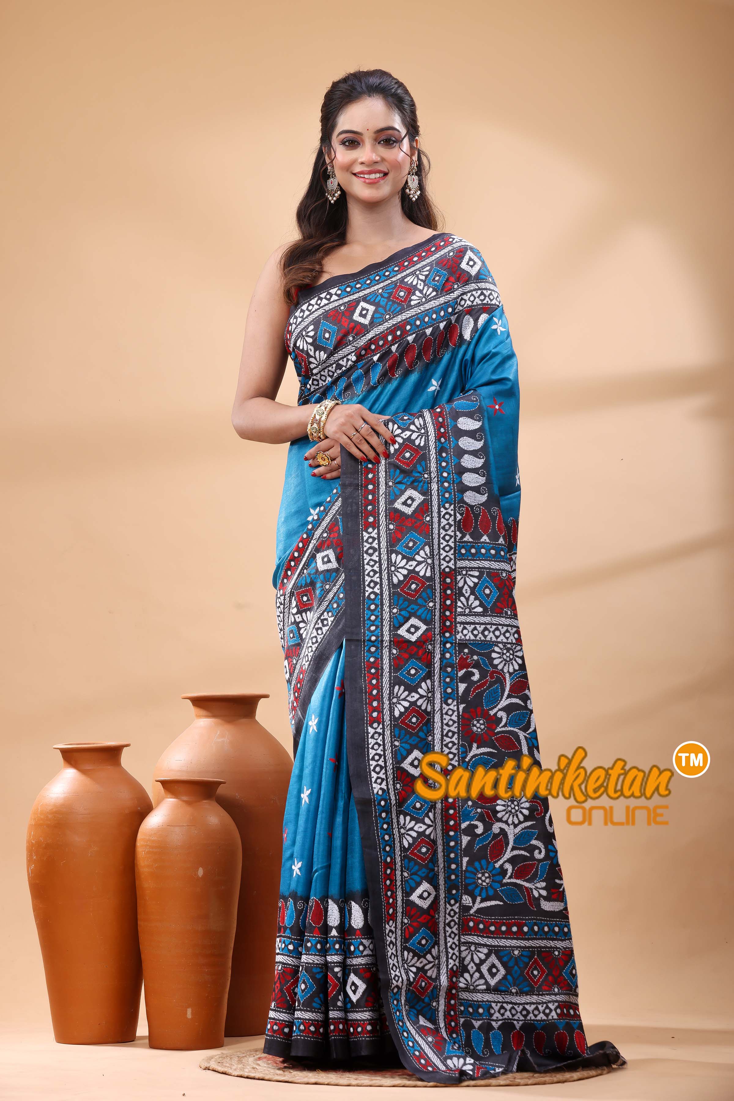 Pure Gachi Dye Tussar Silk Kantha Stitch Saree