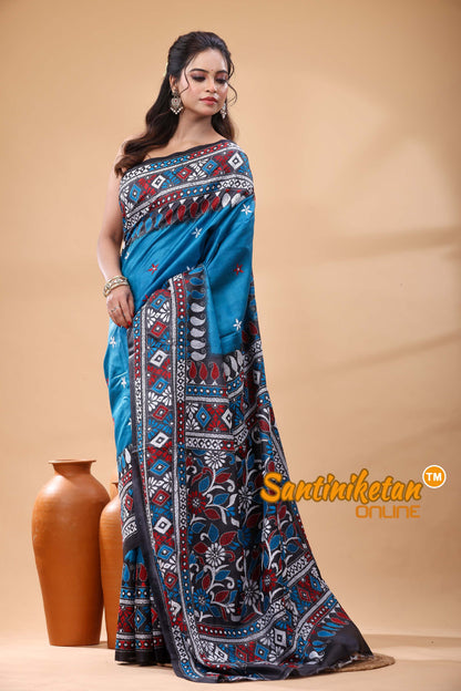 Pure Gachi Dye Tussar Silk Kantha Stitch Saree