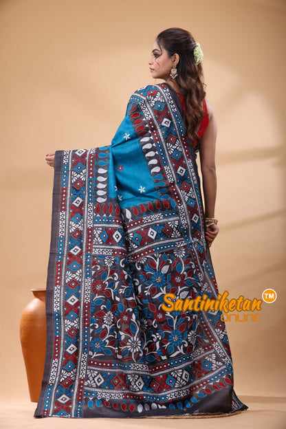 Pure Gachi Dye Tussar Silk Kantha Stitch Saree