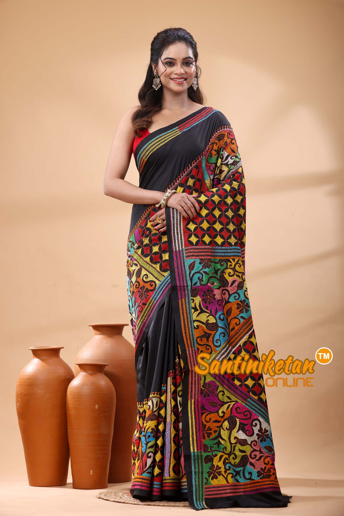 Pure Bangalore Silk Kantha Stitch Saree