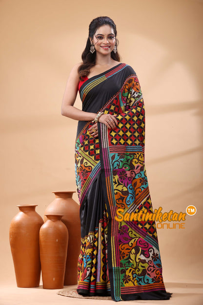 Pure Bangalore Silk Kantha Stitch Saree
