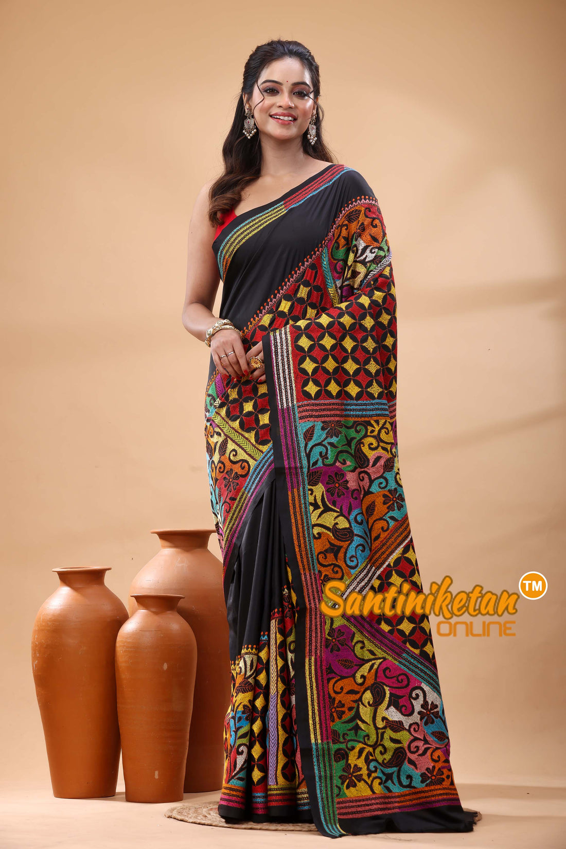Pure Bangalore Silk Kantha Stitch Saree
