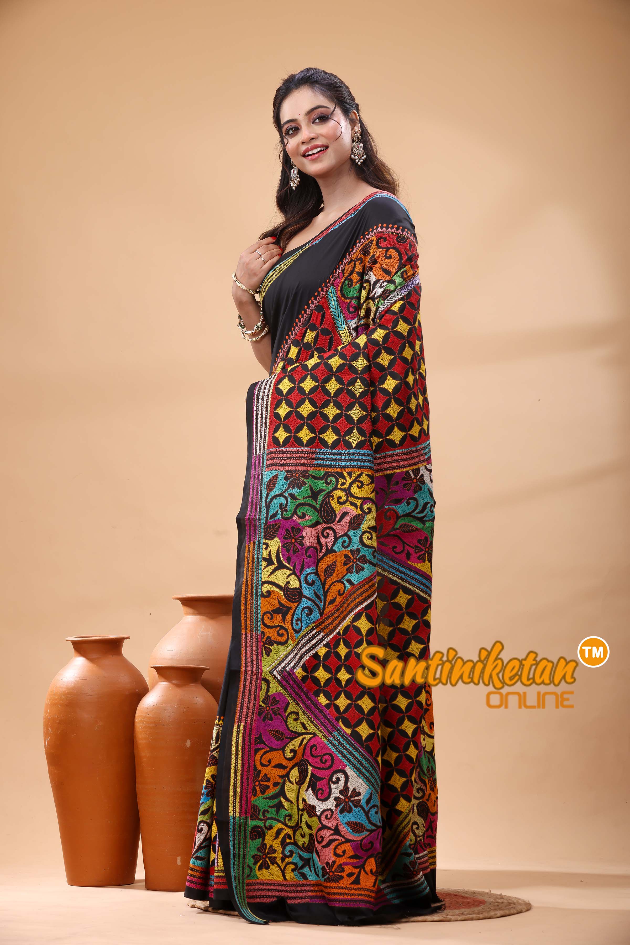Pure Bangalore Silk Kantha Stitch Saree