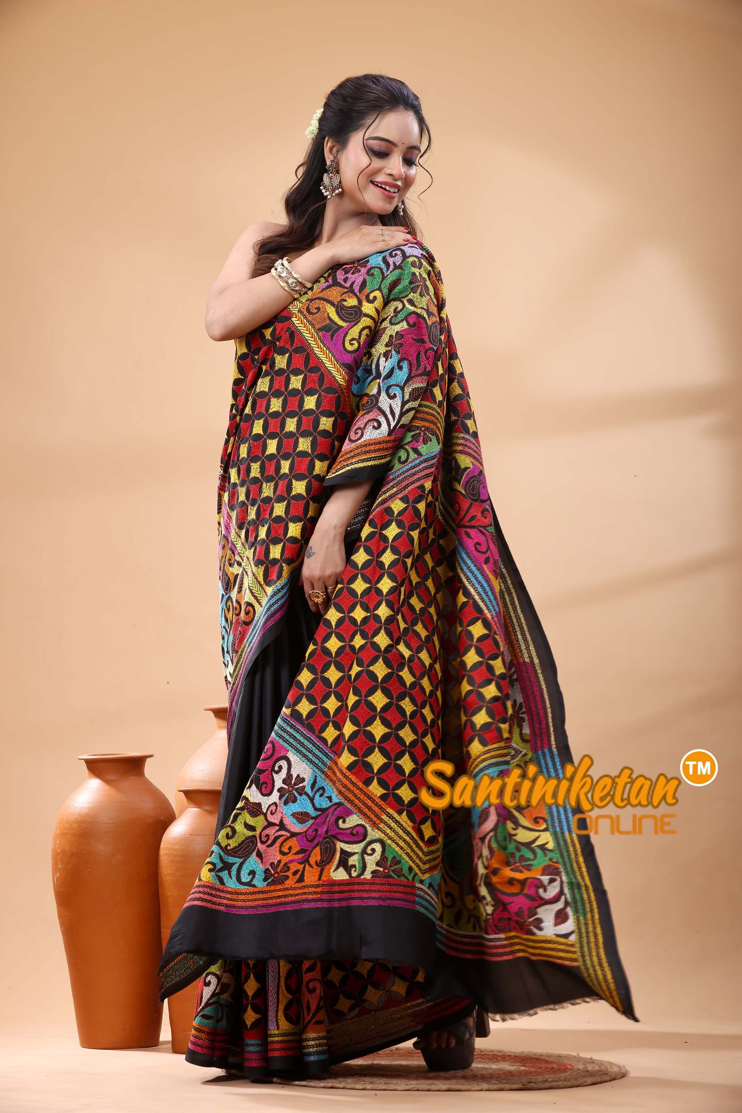 Pure Bangalore Silk Kantha Stitch Saree