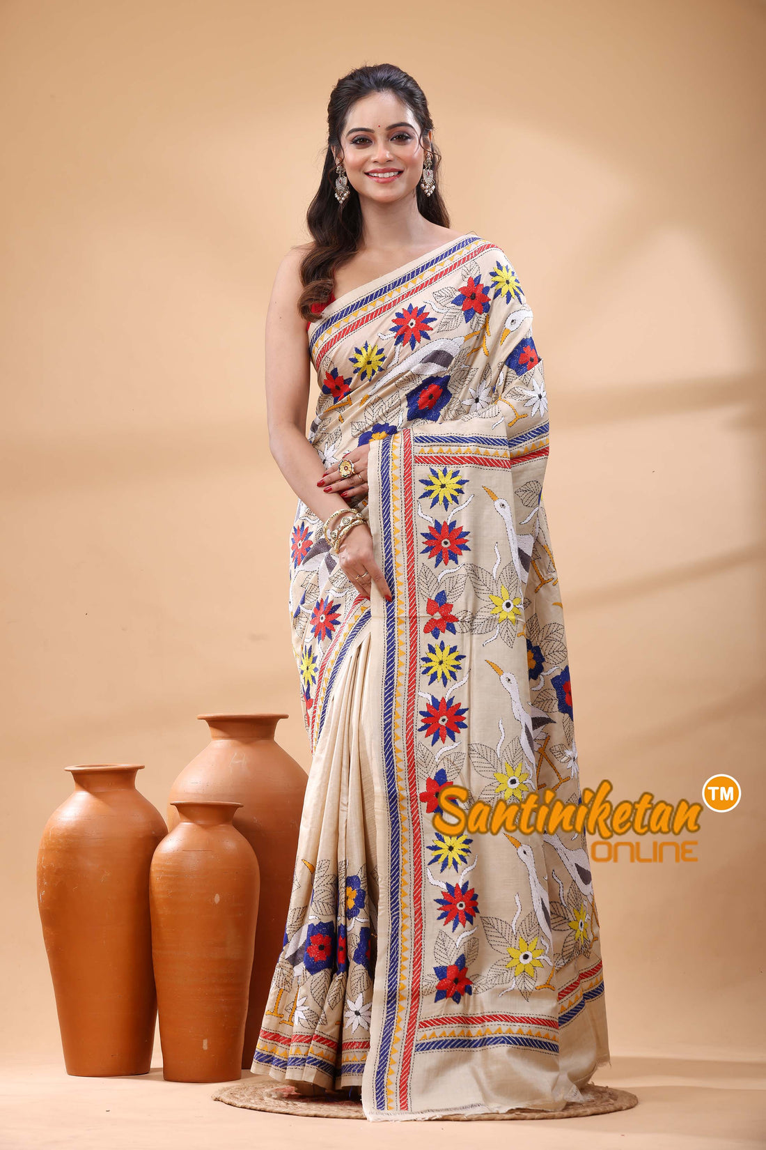 Pure Gachi Tussar Silk Kantha Stitch Saree