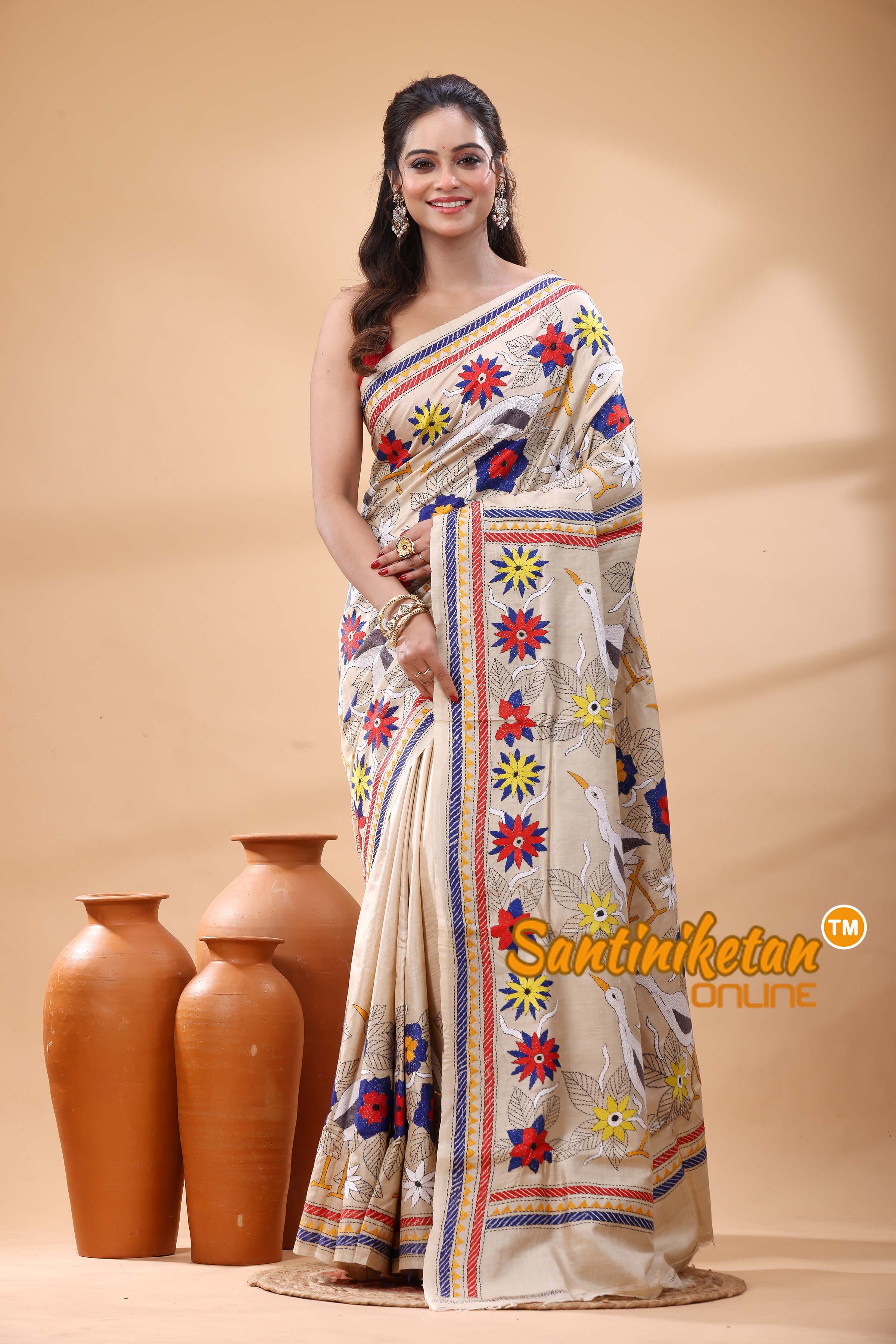 Pure Gachi Tussar Silk Kantha Stitch Saree