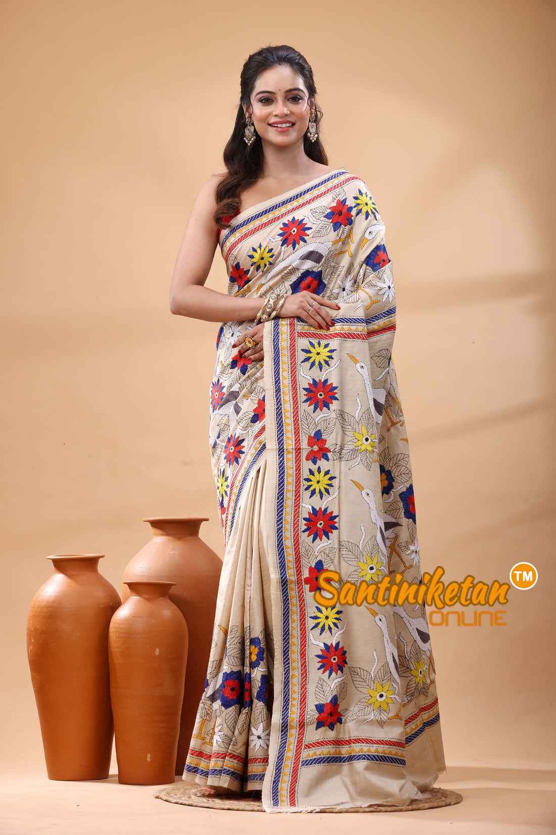 Pure Gachi Tussar Silk Kantha Stitch Saree