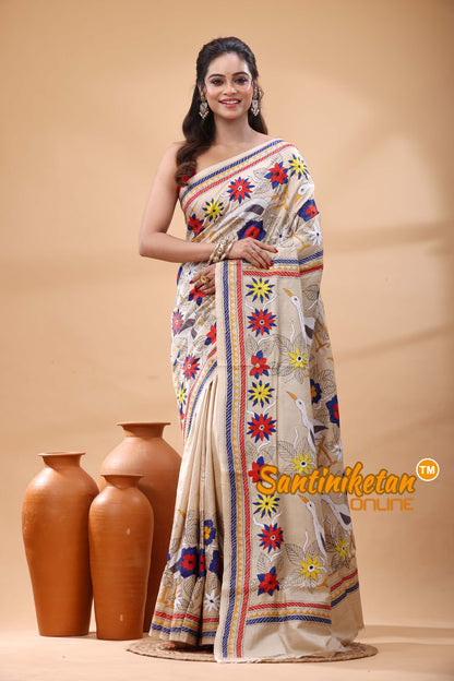 Pure Gachi Tussar Silk Kantha Stitch Saree