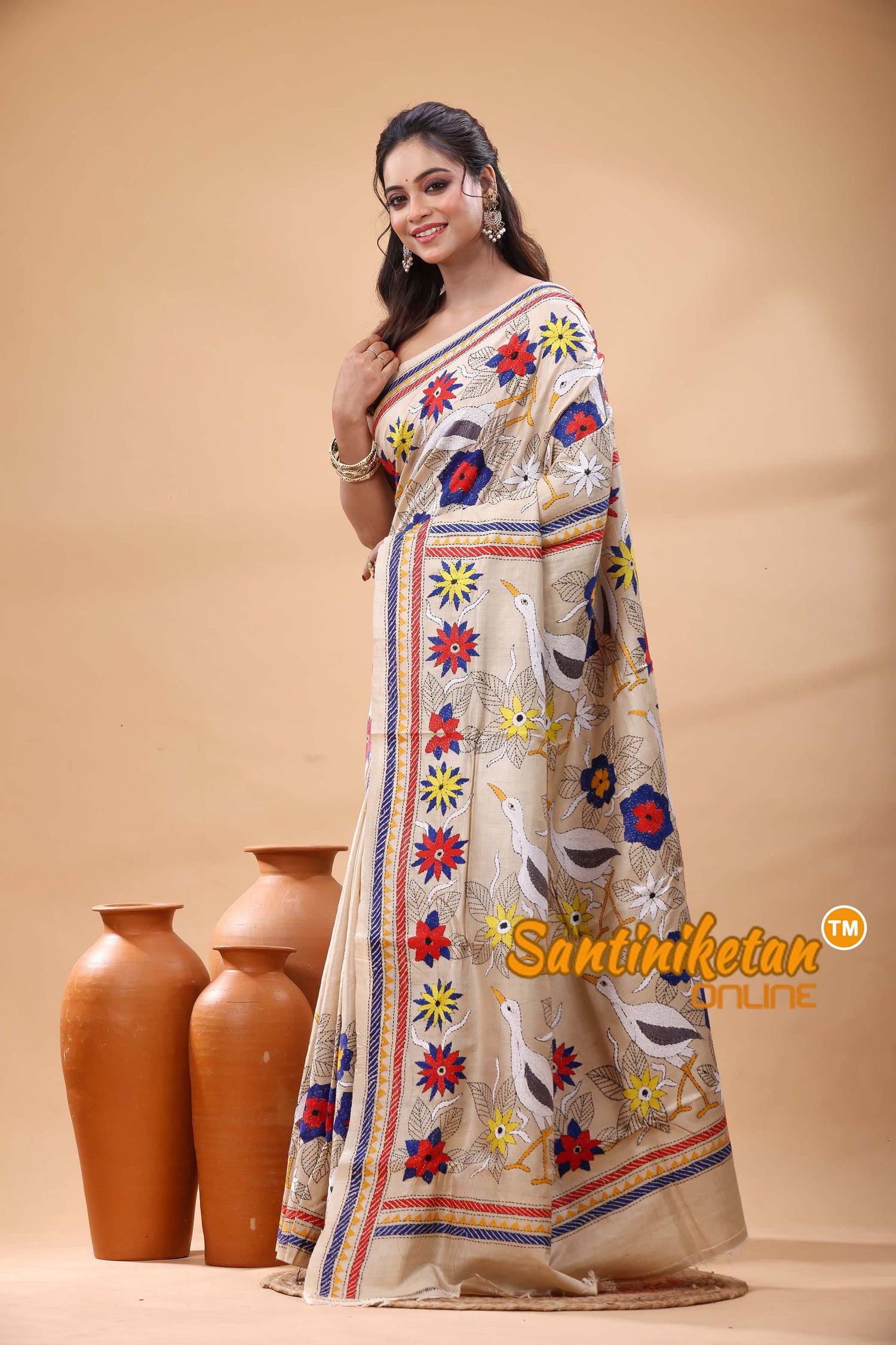 Pure Gachi Tussar Silk Kantha Stitch Saree