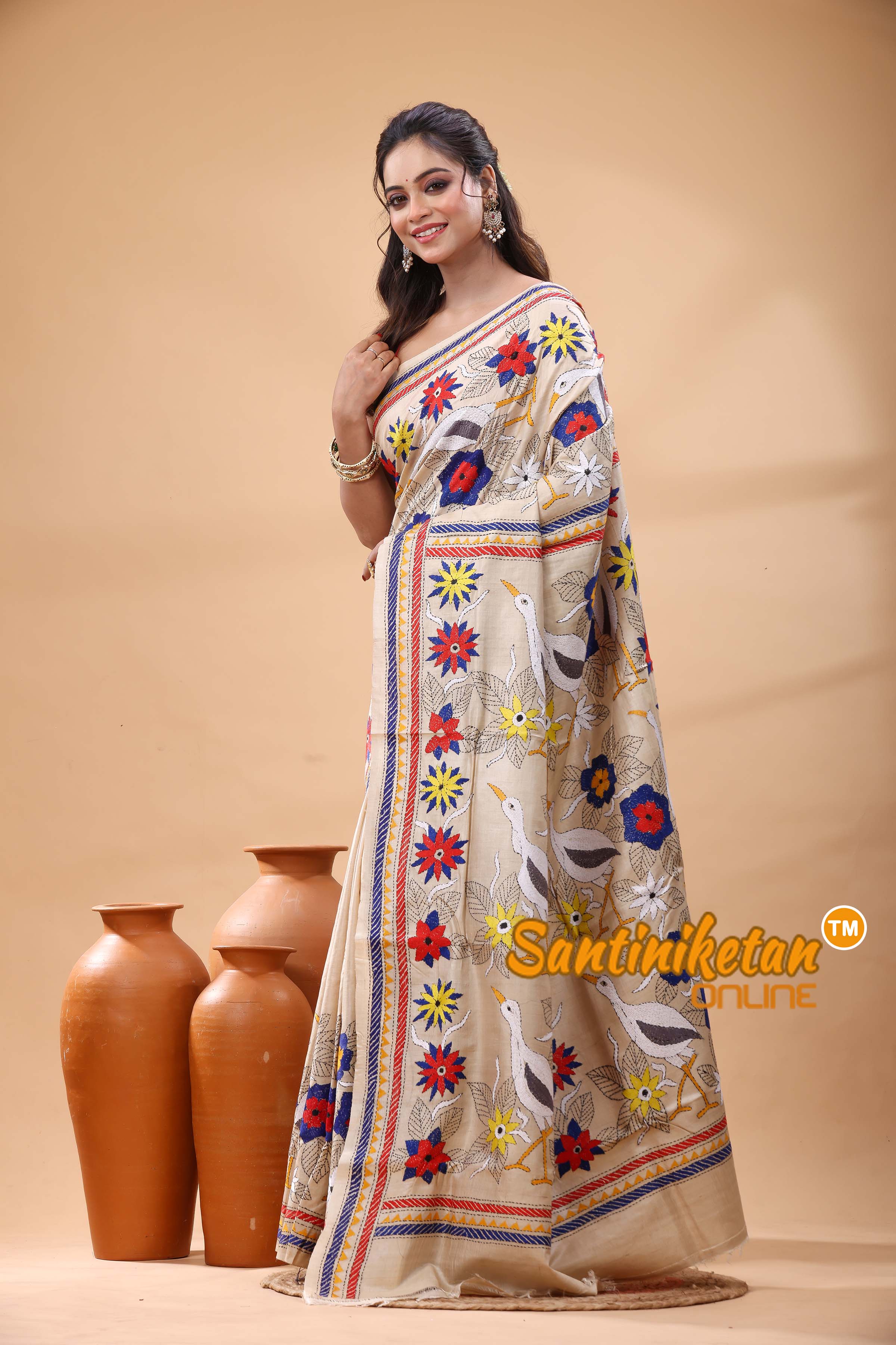 Pure Gachi Tussar Silk Kantha Stitch Saree