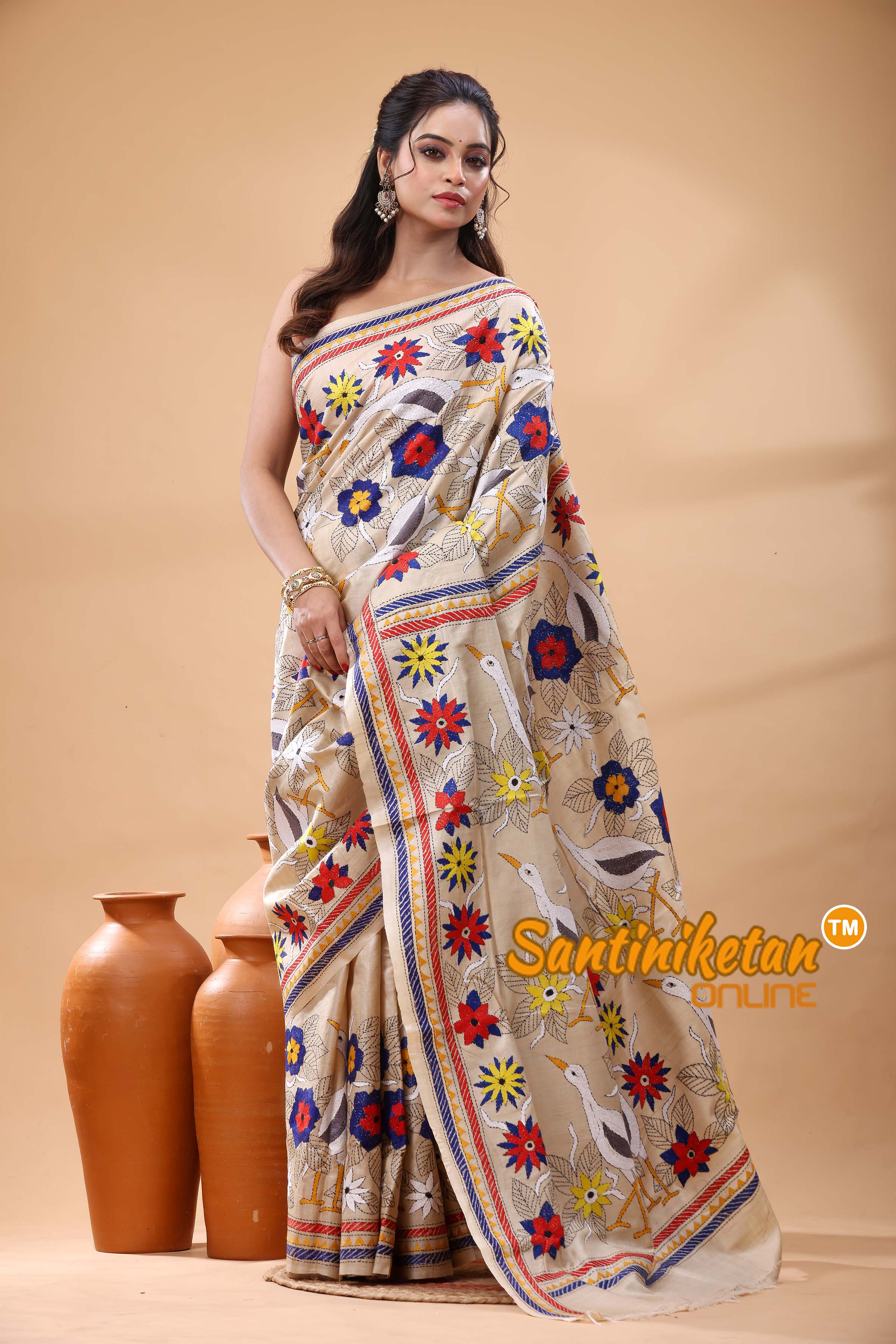 Pure Gachi Tussar Silk Kantha Stitch Saree