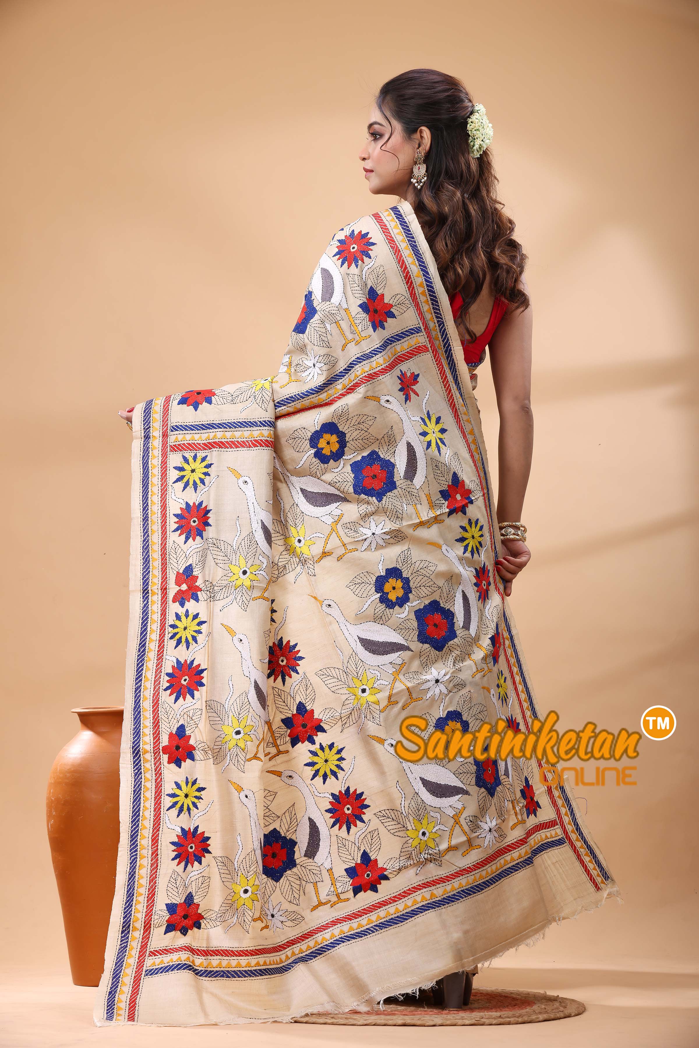 Pure Gachi Tussar Silk Kantha Stitch Saree