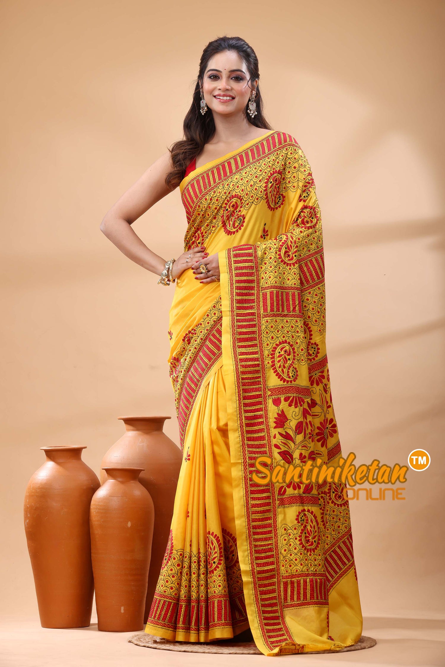 Bangalore Silk Kantha Stitch Saree