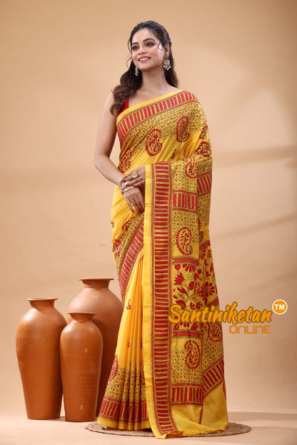 Bangalore Silk Kantha Stitch Saree
