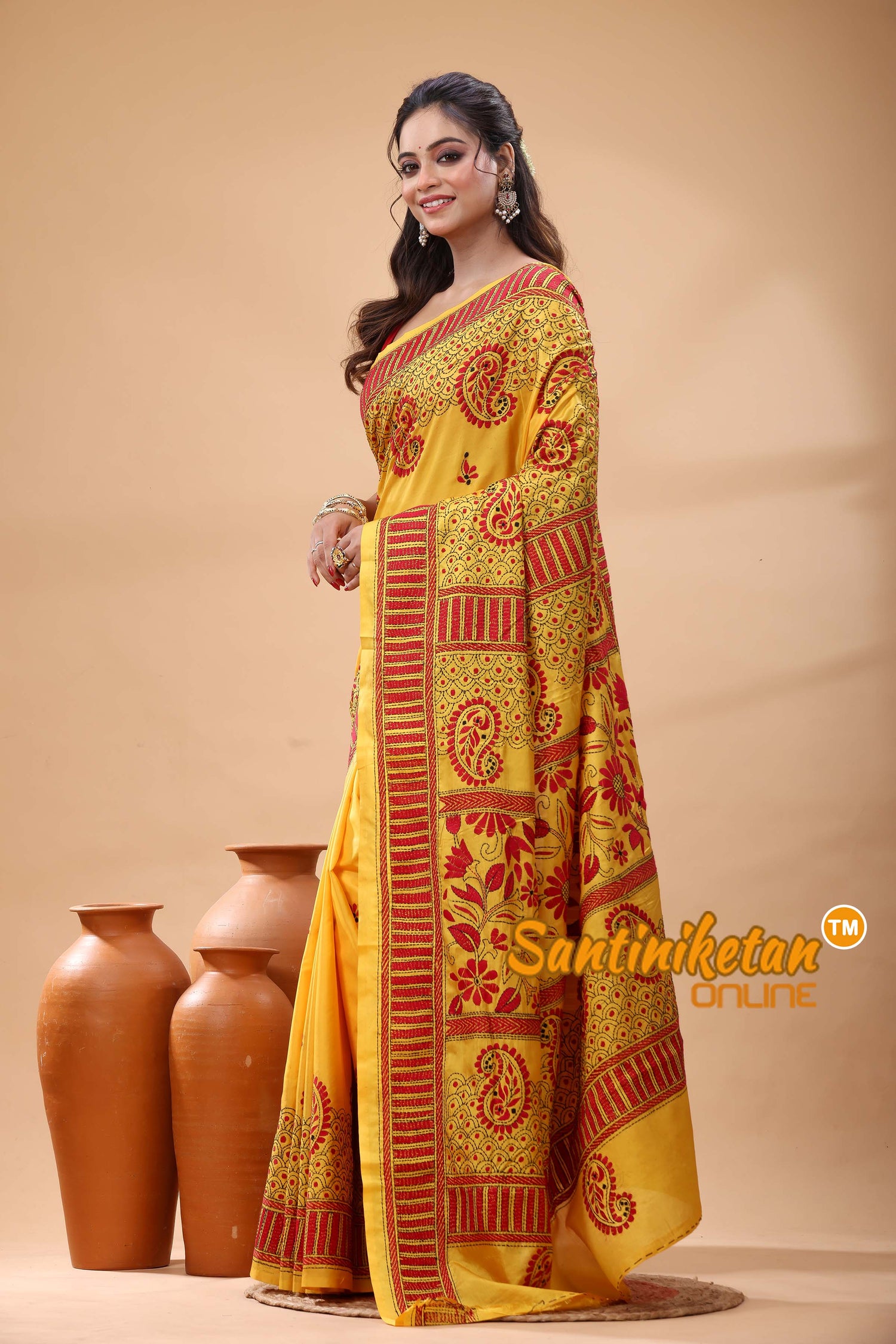 Bangalore Silk Kantha Stitch Saree