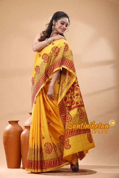 Bangalore Silk Kantha Stitch Saree