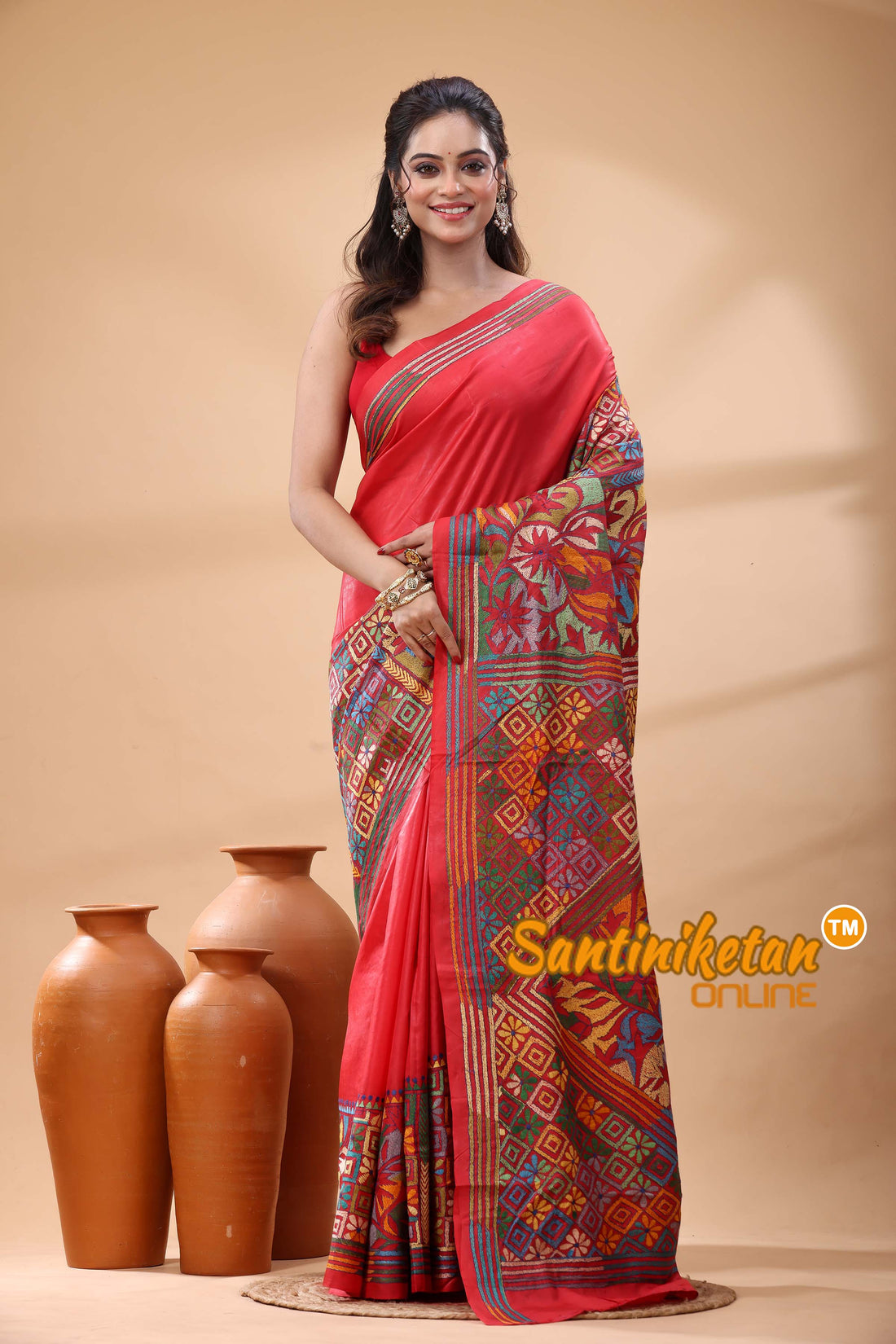 Pure Bangalore Silk Kantha Stitch Saree