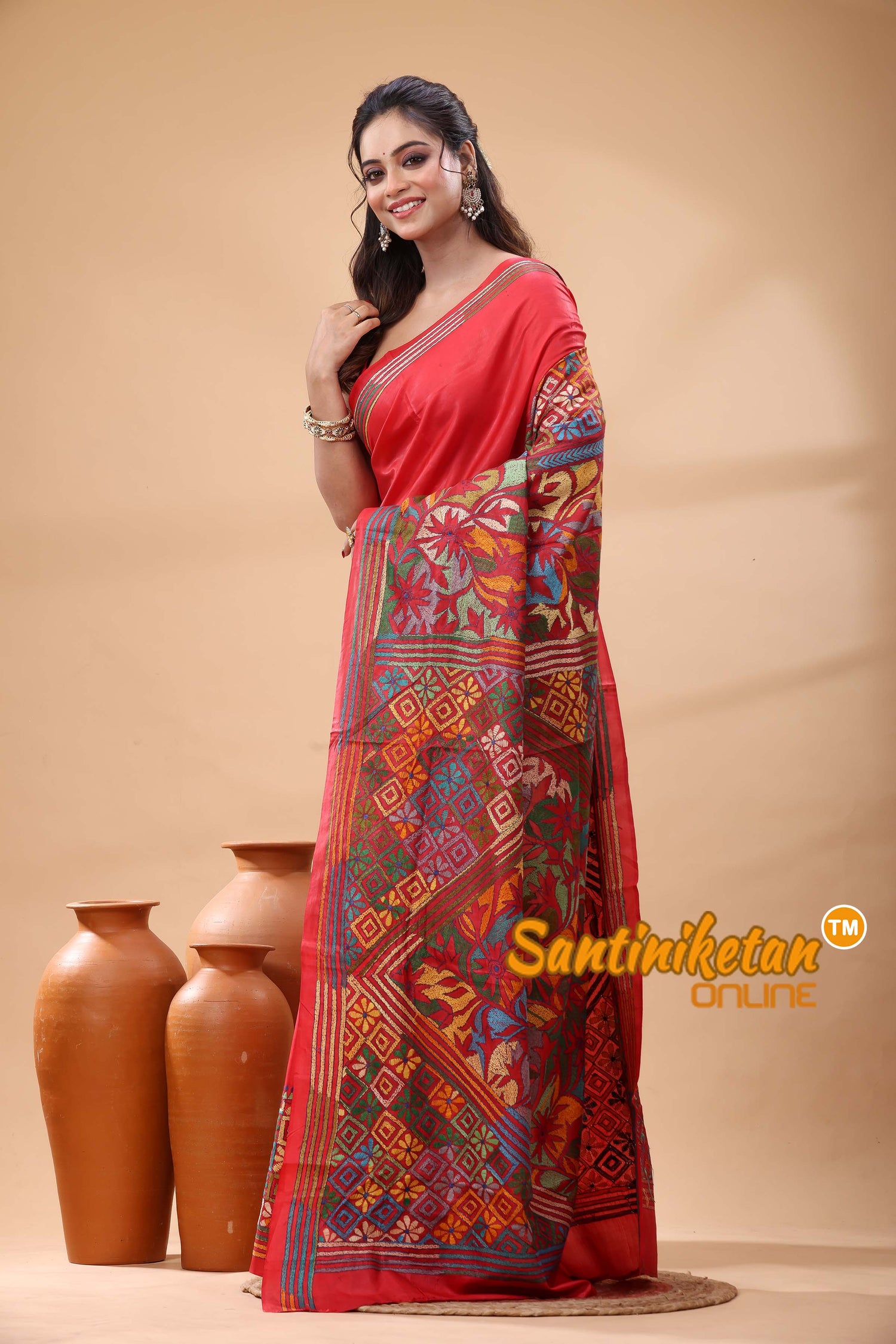 Pure Bangalore Silk Kantha Stitch Saree