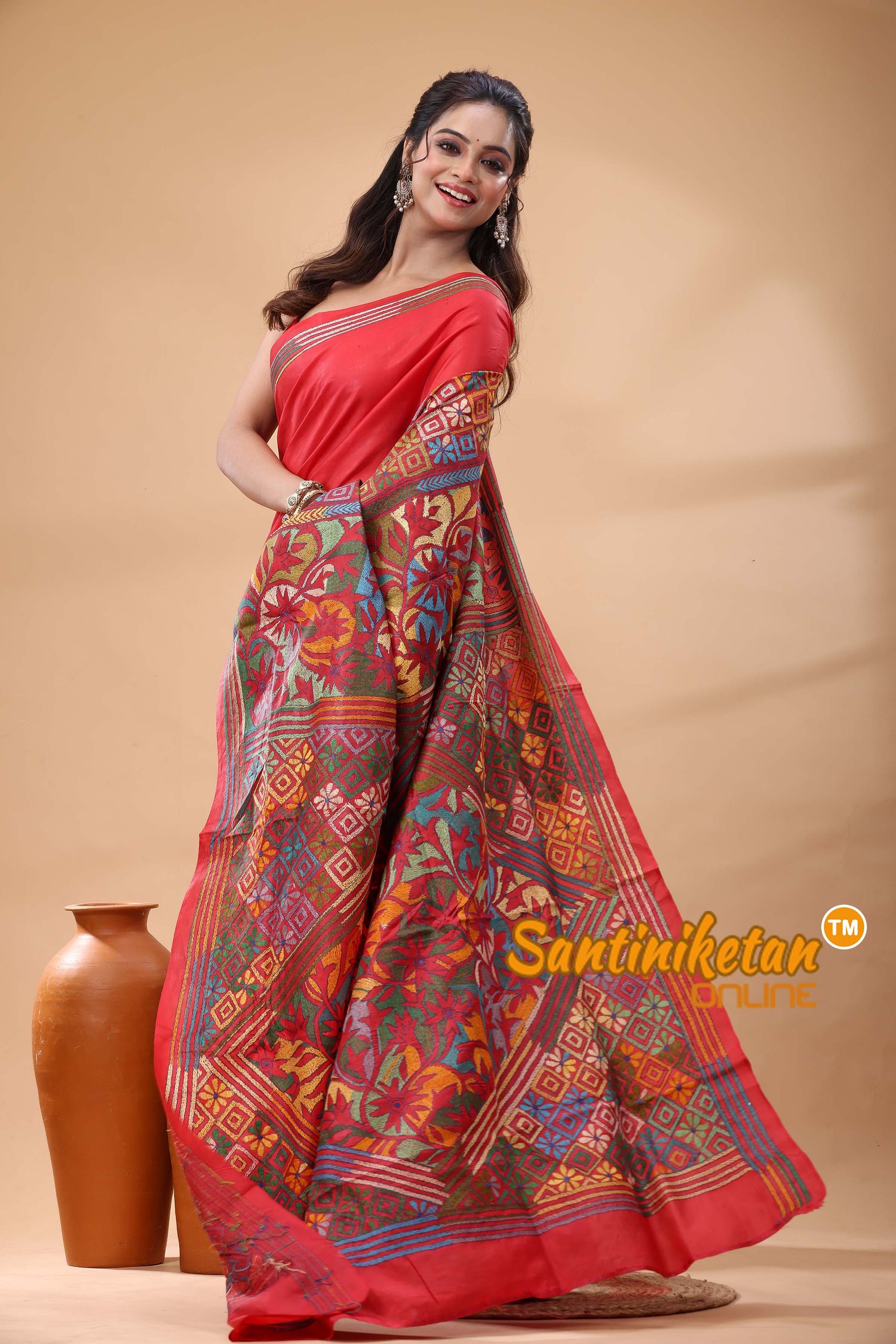 Pure Bangalore Silk Kantha Stitch Saree