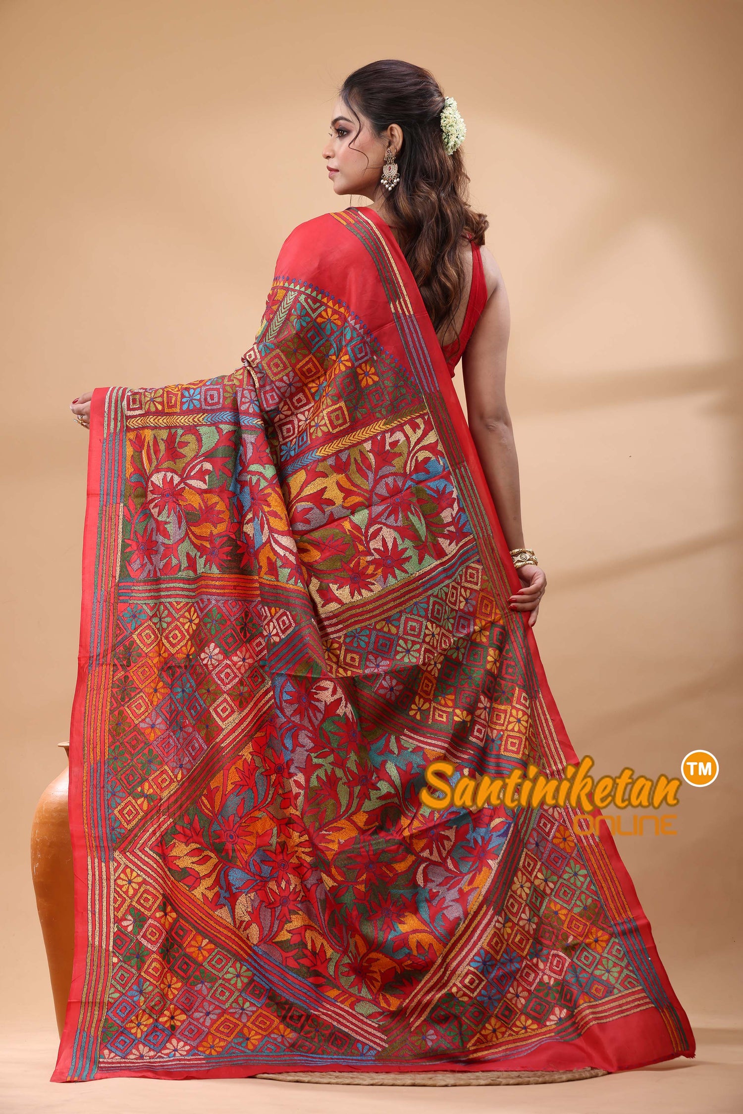 Pure Bangalore Silk Kantha Stitch Saree