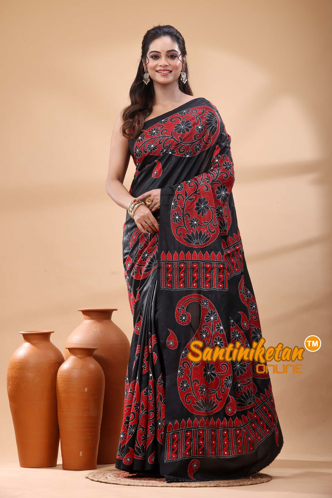Pure Bangalore Silk Kantha Stitch Saree
